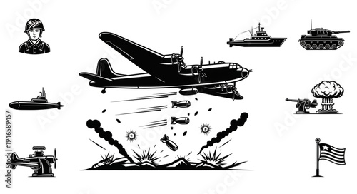 Vintage Military Aircraft Bomber Dropping Bombs Over Battlefield Scene.