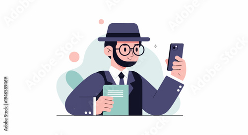 A man in a hat and glasses holds a phone and a book