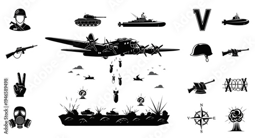 Collection of military and war related icons and symbols.