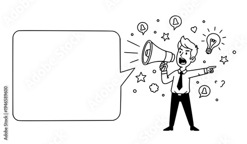 Cartoon businessman shouting through megaphone doodle outline vector announcement concept