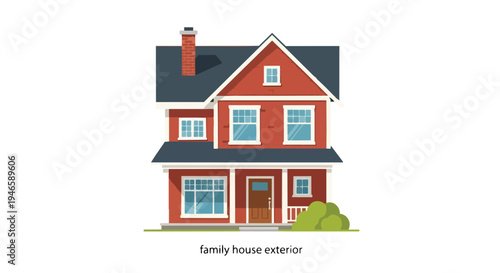A charming two-story suburban family home illustration with a red exterior and dark roof, featuring multiple windows and a welcoming entrance for