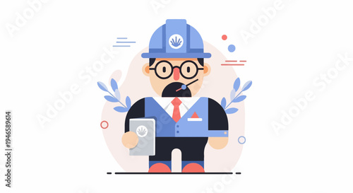 A man in a hard hat and suit holds a tablet, smiling