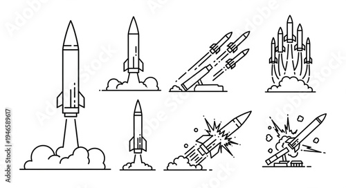 Collection of rocket launch and explosion line art icons.