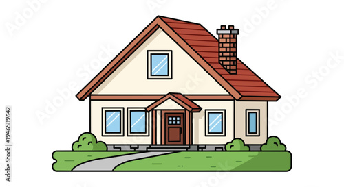 Charming cartoon house illustration with red roof, chimney, windows, lawn and path
