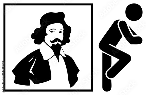 Classic bust with curly wig and mustache, framed portrait, next to male restroom, minimalist black silhouette, graphic design, restroom signage.