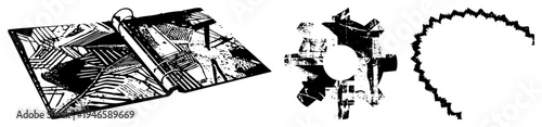 Black and white vector art featuring angular forms, fractured, and gritty textures. Abstract design elements with sharp edges and fragmented symmetry.