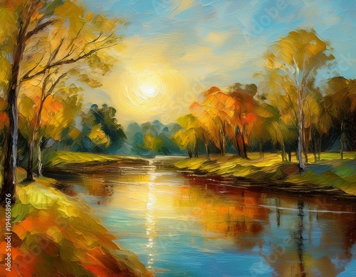 landscape painting river trees sky golden sunlight nature art digital oil canvas fine art reflection scenery
