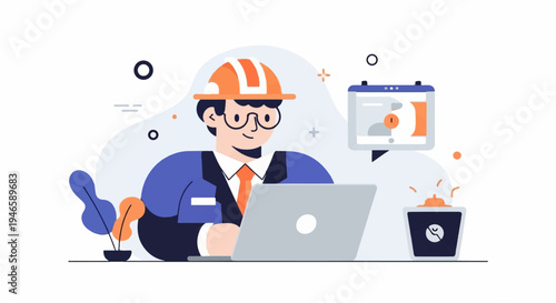 A man in a hard hat and glasses works on a laptop with a calendar and coffee