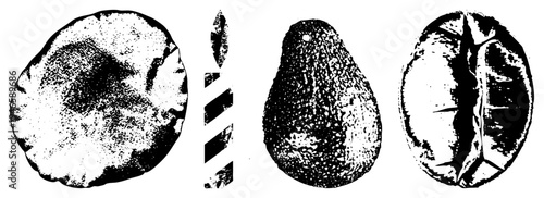 Black and white halftone depiction of coffee bean section, avocado texture, stone slice, and abstract geometric divider. Vector graphic with stippled shading and clean.