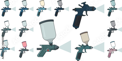 Spray paint gun collection set with automotive airbrush tools, painter equipment, paint sprayer illustration isolated on light background