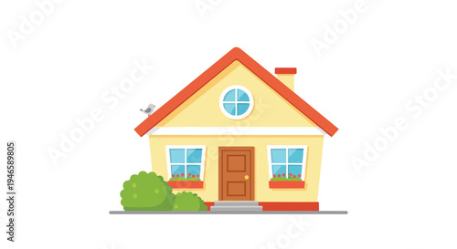 A delightful yellow house with a red roof, brown door, blue windows. Green bushes, tiny bird perched on roof. Inviting flat vector graphic for
