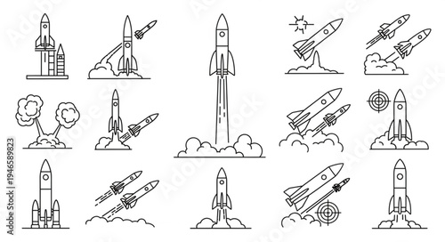 Collection of rocket launch illustrations in a sketch style.