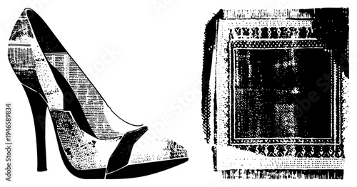 Stylized high heel shoe and vintage frame rendered in halftone dots, graphic art, fashion accessory, decorative border, vector.