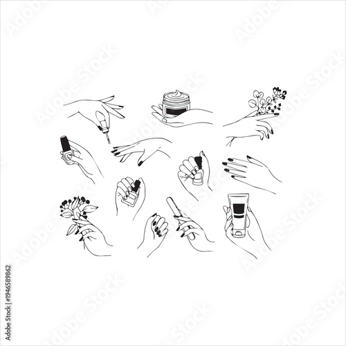 Hand manicure and care. Female logos for nail cosmetics and beauty spa salon. Hands paint, file nails, holding polish and cream, vector set