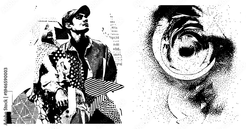 Obraz premium Halftone illustrated man wearing cap, layered geometric, isolated eye detail, pop art style, vector art, graphic design element.