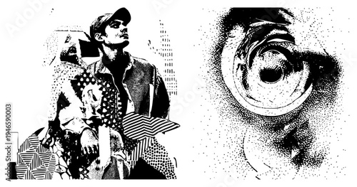 Halftone illustrated man wearing cap, layered geometric, isolated eye detail, pop art style, vector art, graphic design element.