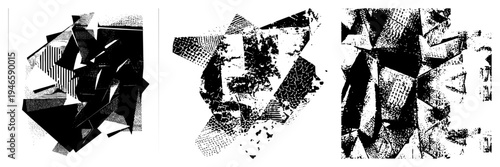 Fragmented polygonal forms arranged dynamically, halftone textures overlaying sharp angles, vector art, modern graphic design element.