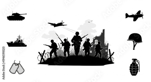 Military soldiers and equipment silhouettes on white background.