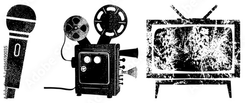 Retro microphone, film projector, and CRT TV with static, stylized black and white vector, classic tools, grainy texture, design.