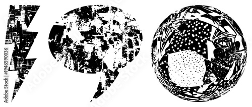 Three stylized vector featuring fragmented textures lightning bolt, speech bubble, and sphere rendered in high contrast with glitch like and halftone dots.