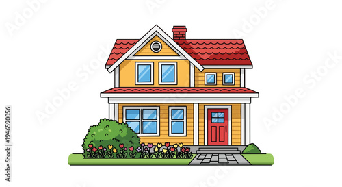 Colorful cartoon house illustration with yellow walls and red roof a lovely garden colorful flowers green shrubs paved path