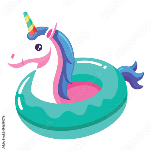 Colorful cartoon unicorn floating on a vibrant teal inflatable ring with rainbow horn and flowing mane on white background