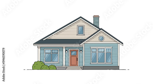 Charming residential illustration showcasing a cozy blue suburban dwelling with a prominent roofline, inviting door, and a touch of greenery for a