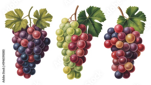 Wallpaper Mural A digital art composition featuring three bunches of grapes with leaves on a white background Torontodigital.ca