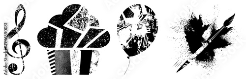 Stylized B&W treble clef, cupcake, balloon, paintbrush halftone, distressed vector style.