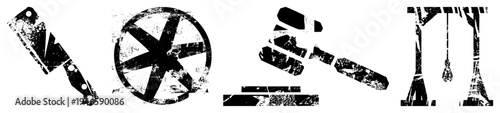 Distressed black cleaver, wheel, gavel, gallows gritty, textured vector symbols of power, punishment, and.