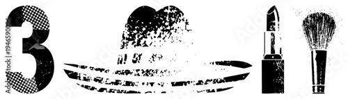 Retro beauty symbols including number three, sombrero, lipstick, and makeup brush with halftone texture, stylized graphic for cosmetic branding or design projects.