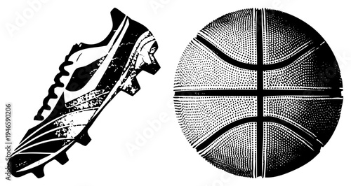 Athletic footwear and ball rendered in halftone dot, sports equipment, vector illustration, isolated, soccer cleat, basketball, graphic design element.
