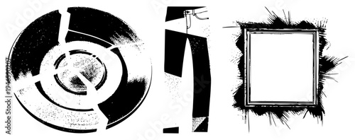 Circular segmented forms with halftone shading, stylized pants silhouette, framed rectangle with grunge burst graphic design elements, vector art,, urban aesthetic.