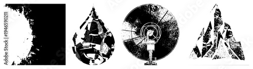 Fragmented vector forms in, halftone texture, stylized silhouettes, graphic design elements, modern art motifs, isolated shapes, digital illustration.