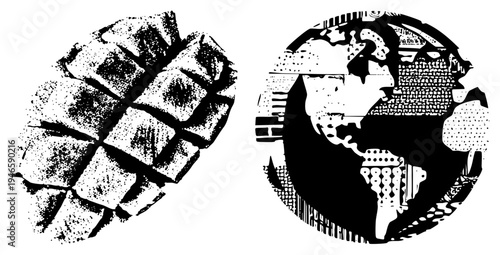 Halftone globe map with continents, turtle with grid, black and white vector art, stylized world map, reptile carapace design.