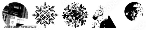 Abstract snowflake designs rendered in halftone, stylized vector shapes, graphic, isolated foreground,, geometric symmetry.