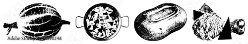 Graphic depiction of sliced melon, chopped vegetable pan, loaf of bread, and chicken drumstick with arrow indicators, rendered in halftone dot for stylized food design.