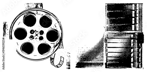 Film reel with perforated edge and spool, projector film cassette, cinema equipment, analog movie gear, black and white halftone graphic.