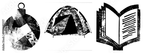 Retro compass with textured dial, dome tent with flap, open book with halftone style, isolated vector graphics for design use.
