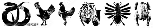 Abstract animal rendered as bold black shapes, including snake, rooster, lion, beetle, and dog, in high contrast graphic style, ideal for logos or branding.
