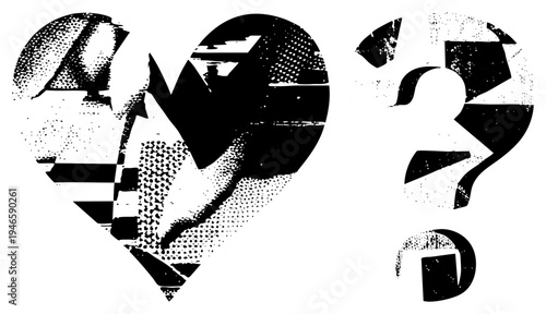 Graphic of shattered heart symbolizing loss, paired with question mark, rendered in gritty halftone texture, ideal for emotional or conceptual art, typography, or UI elements.