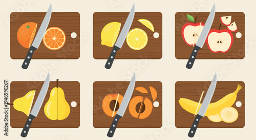 Fruit Slicing on Cutting Board Vector Set 