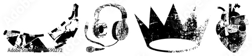 Distressed black and white vector including banana, headset, crown, and anatomical heart, rendered with gritty textures and bold, ideal for retro or urban design projects.