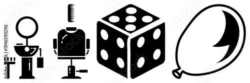 Hairdryer, robot, die, balloon stylized symbols in, vector flat design, isolated elements, graphic.