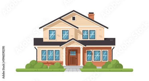 Charming modern suburban family home illustration with two stories an inviting porch brick facade beige siding and neatly trimmed green landscaping