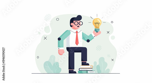 A man steps on books with a lightbulb symbolizing his bright idea