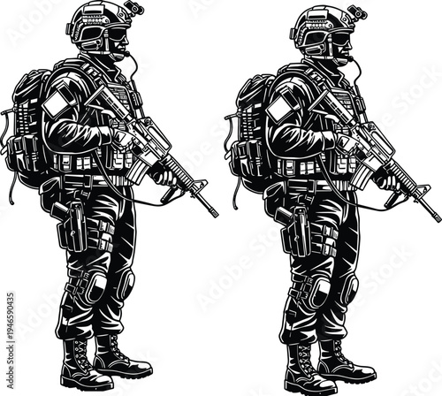 Tactical military soldier with rifle illustration, modern army combat operator gear, black white engraving style soldier isolated background