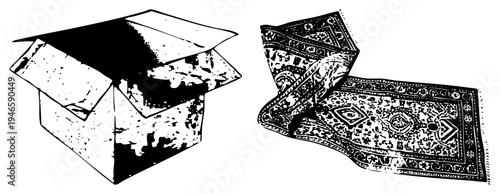 Vintage style vector art of an empty shipping box and a rug, hand drawn sketch, isolated objects, rustic design, black and white illustration.