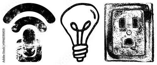 Set of three tech symbols Wi Fi, lightbulb, and wall outlet, rendered in gritty halftone vector art. Represents connectivity, ideas, and power. Ideal for UI, apps, or tech concepts.