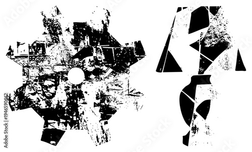 Stylized abstract shapes composed of fractured polygonal fragments, high contrast black and white vector art with distressed texture, modern graphic design elements, isolated composition.